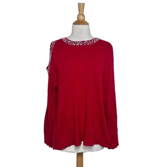 INC International Concepts XL red jeweled neck and 1 shoulder cut out sweater‎ - Picture 2 of 7